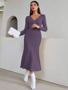 Modelyn Surplice Neck Pleated Hem Ribbed Knit Sweater Dress - Purple - View 6