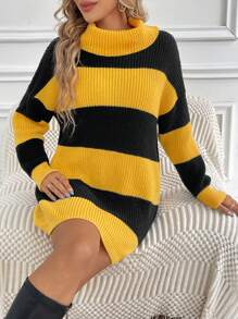 SHEIN Essnce Two Tone Turtleneck Drop Shoulder Sweater Dress - Multicolor - View 4