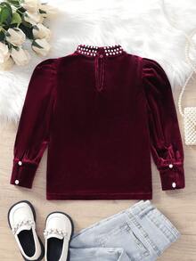 女小童針織素色短毛絨串珠小立領羊腿袖休閒襯衫