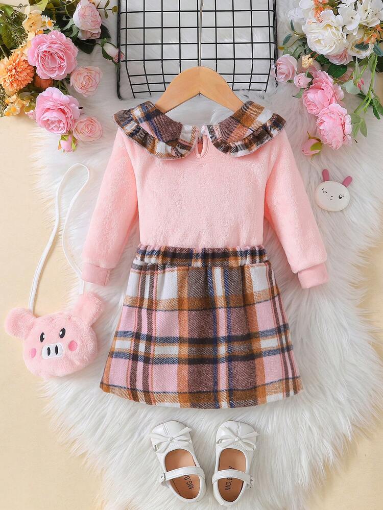 Baby Girl Plaid Print Peter Pan Collar Tee & Skirt