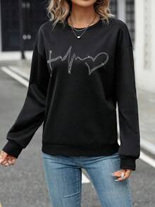 SHEIN LUNE 水鑽愛心圖案落肩袖運動衫 - 黑色 - 查看 5