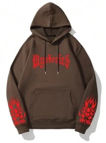 ROMWE MEN Street Life Nam Lá thư & In điêu khắc Túi kangaroo Dây rút Áo hoodie ấm áp - Rỉ Nâu - Xem 2