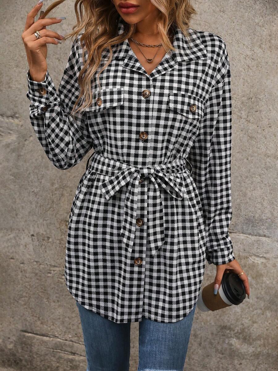 SHEIN LUNE Bản in Gingham Chi tiết về Flap Thả vai Thắt lưng áo - Đen và trắng - Xem 1