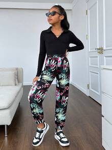 SHEIN 女大童字母圖案彈性腰帶衛褲 - 黑色 - 查看 6