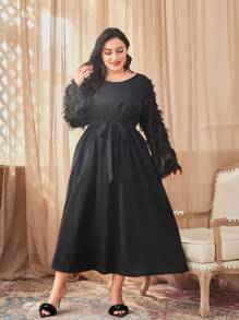 Mulvari 大碼毛茸茸袖繫腰帶洋裝 - 黑色 - 查看 1