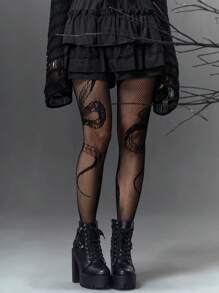 ROMWE Goth 1pair Snake Pattern Fishnet Stockings, Halloween - Black - View 1