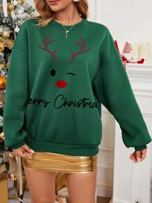 SHEIN Essnce 聖誕印花落肩套頭衫 - 墨綠色 - 查看 3