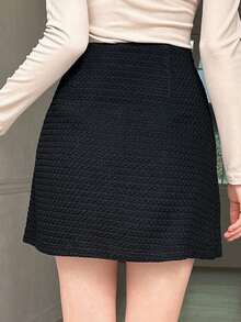 Dazy Star 純色鈕扣前裙子 - 黑色 - 查看 2