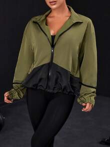 Hai âm Viền kéo ra Thả vai Dây kéo Windbreaker Jacket - Nhiều màu - Xem 2