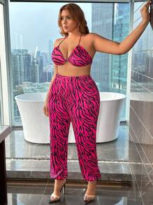 SHEIN SXY Plus Zebra Striped Halter Top & Pants - Black - View 4