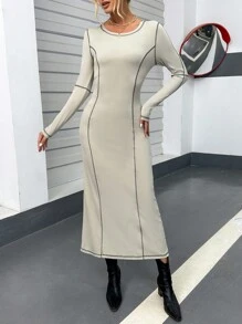 SHEIN Essnce Vestido ajustado con puntada - Beis - Ver 1