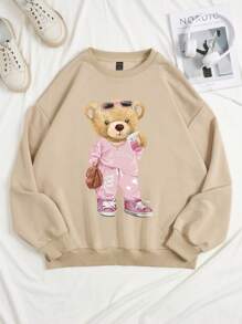 SHEIN Qutie Bear Print Drop Shoulder Sweatshirt - Apricot - View 1