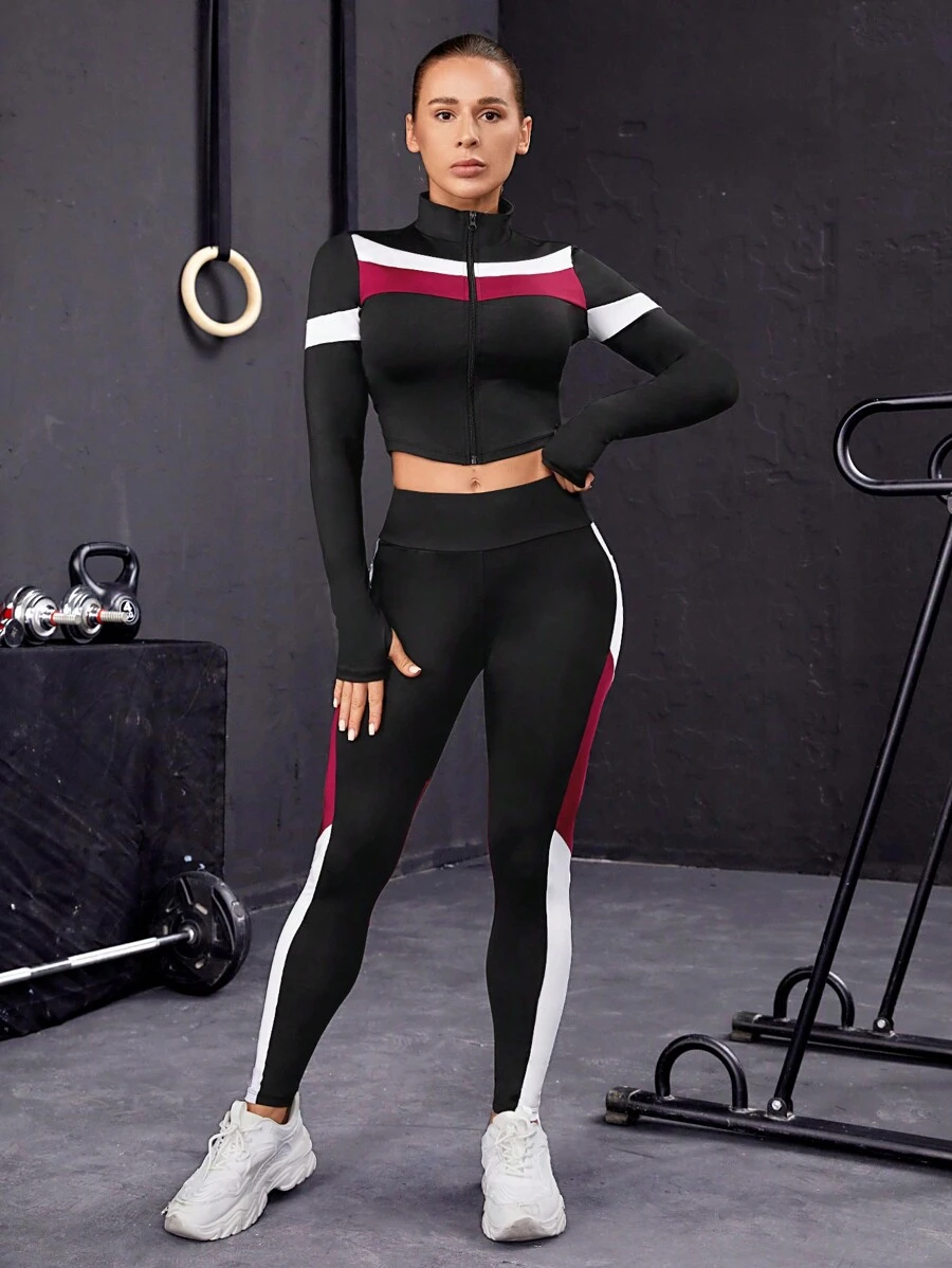 Colorblock Sports Jacket & Leggings - Multicolor - View 1