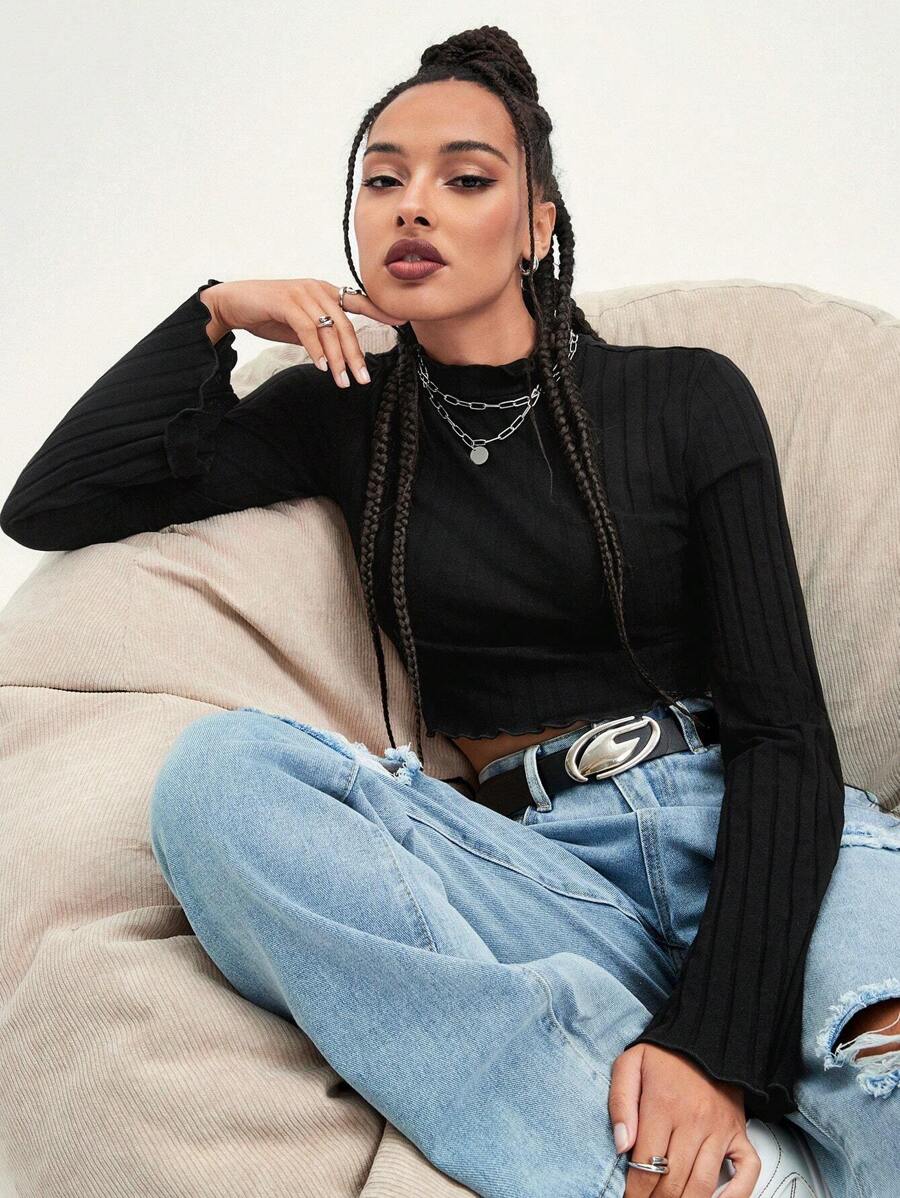 Muchica Lettuce Trim Flounce Sleeve Tee - Black - View 1