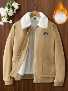 SHEIN Unity 字母補丁細節羊絨領口毛絨內襯夾克 - 卡其色 - 查看 1