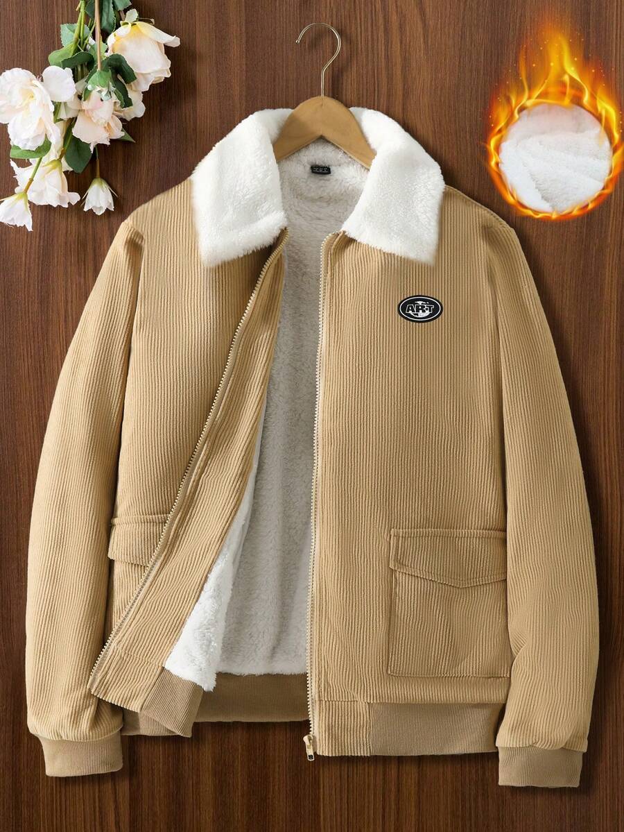 SHEIN Unity 字母補丁細節羊絨領口毛絨內襯夾克 - 卡其色 - 查看 1
