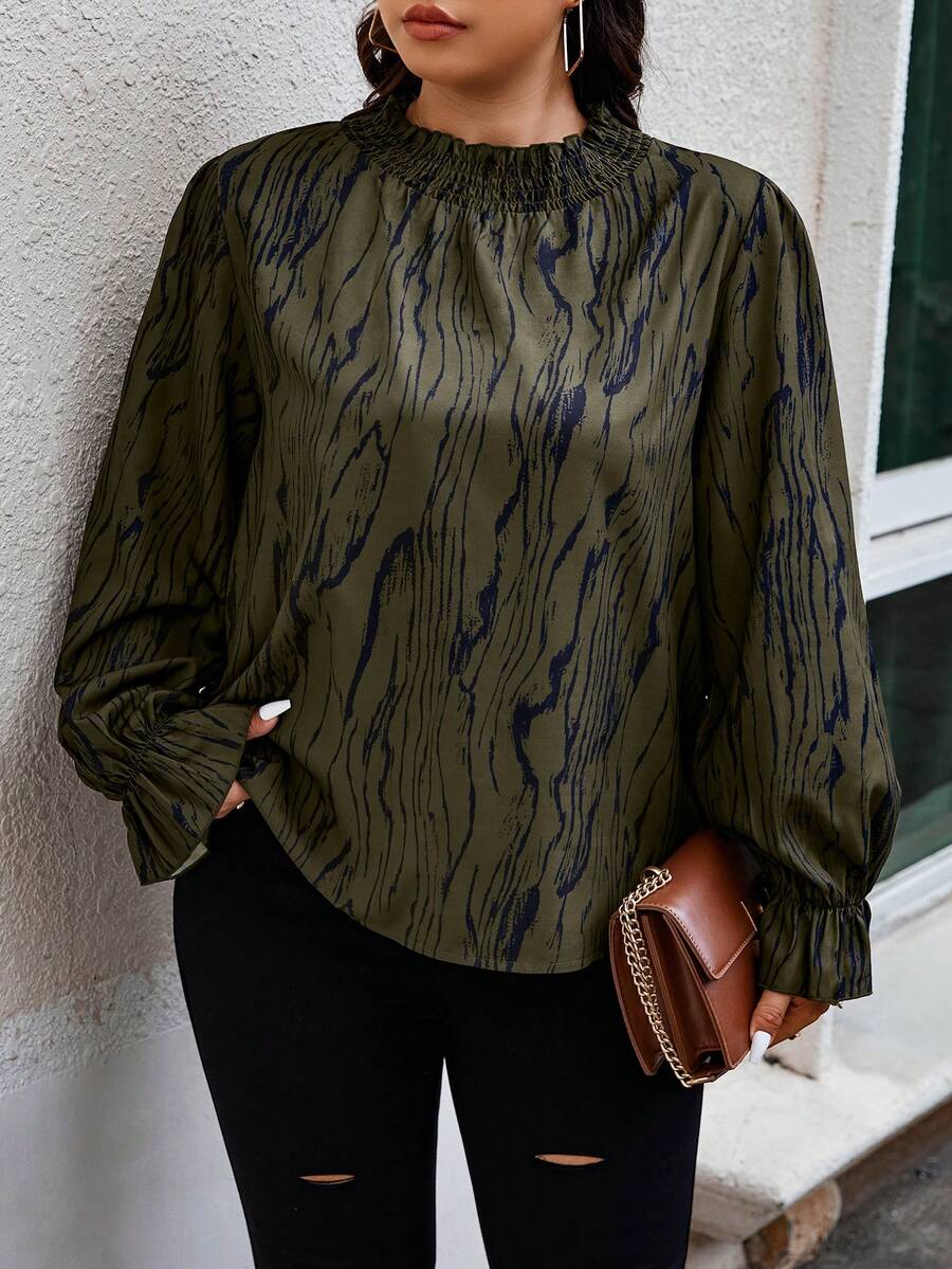 Calvaya Hơn In Toàn bộ tay áo lá sen Lá sen tỉa Cổ giả Áo sơ mi - xanh quân đội - Xem 1