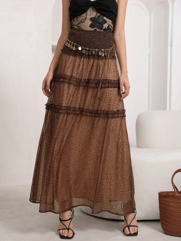 Leopard Print Frill Trim Mesh Overlay Skirt