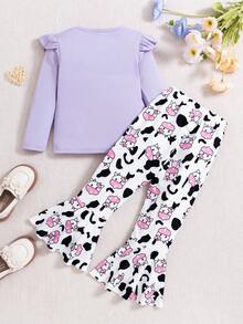 SHEIN Cô Gái Trẻ In hoa bò Viền Ruffle Áo thun & Đồ họa Hoạt hình Quần ống loe - Màu tím hoa cà - Xem 2