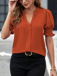 SHEIN Clasi Đường viền cổ có rãnh Ống tay áo Áo sơ mi - trái cam - Xem 3
