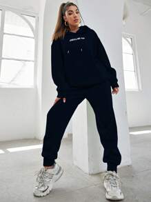 SHEIN Unity Letter Graphic Drop Shoulder Drawstring Hoodie & Sweatpants Fall Cloth For Women - Navy Blue - View 5