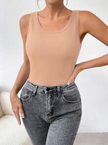 SHEIN Essnce Solid Ribbed Knit Thermal Tank Top - Khaki - View 5