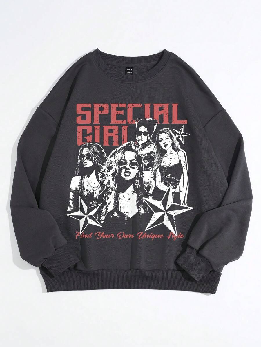 SHEIN EZwear Khẩu hiệu & Hình ảnh Thả vai Áo nỉ - Màu xám đen - Xem 1