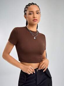 SHEIN EZwear Mock Neck Crop Tee - Coffee Brown - View 5