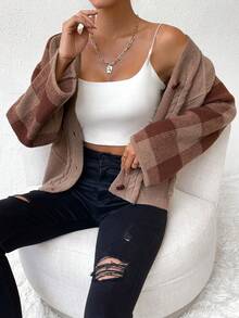 SHEIN Essnce Hoa văn kẻ sọc Xoắn Dan Nút phía trước Áo len Mở - Màu nâu  Mocha - Xem 4