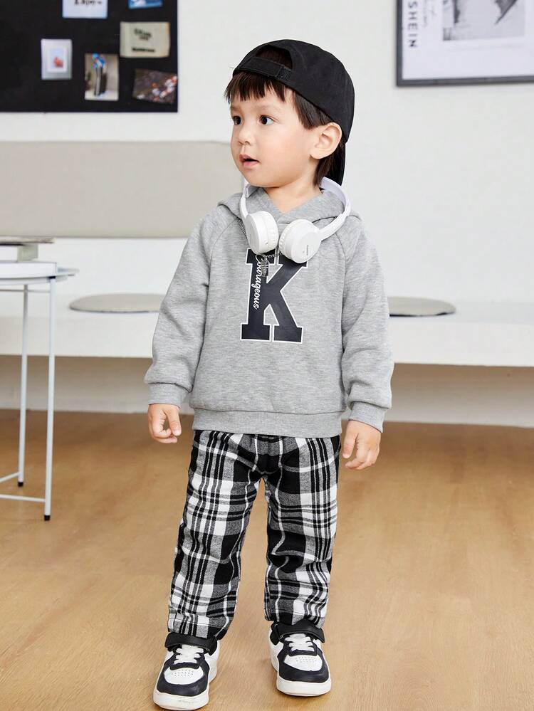 Baby Boy Letter Graphic Thermal Lined Hoodie & Plaid Pants