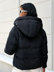 EURMUSE Women'S Zip-Up Hooded Padded Jacket - Black - View 2