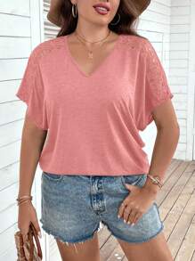 EMERY ROSE Plus Contrast Lace Batwing Sleeve Tee - Pink - View 7