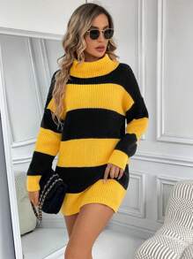 SHEIN Essnce Two Tone Turtleneck Drop Shoulder Sweater Dress - Multicolor - View 1