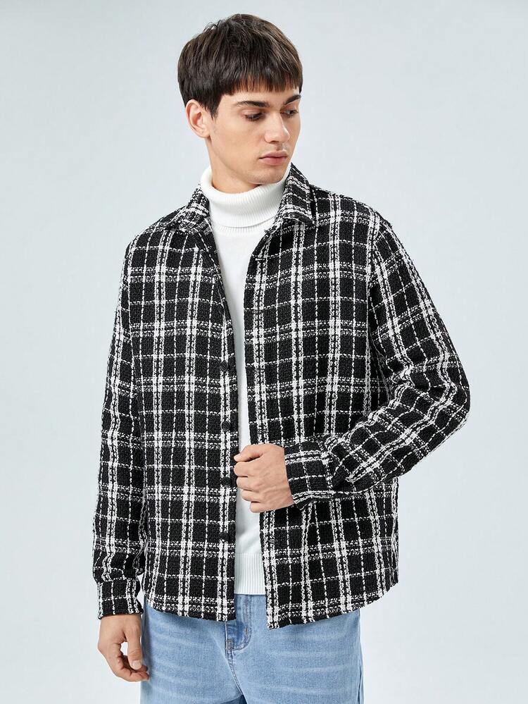 Loose Fit Men Plaid Print Button-Up Shirt, Without Undershirt