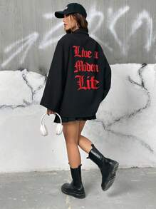 SHEIN EZwear Slogan Graphic Lapel Neck Drop Shoulder Blazer - Black - View 3