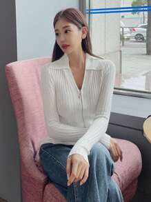 DAZY Solid Zip Up Ribbed Knit Cardigan Jacket - White - View 5