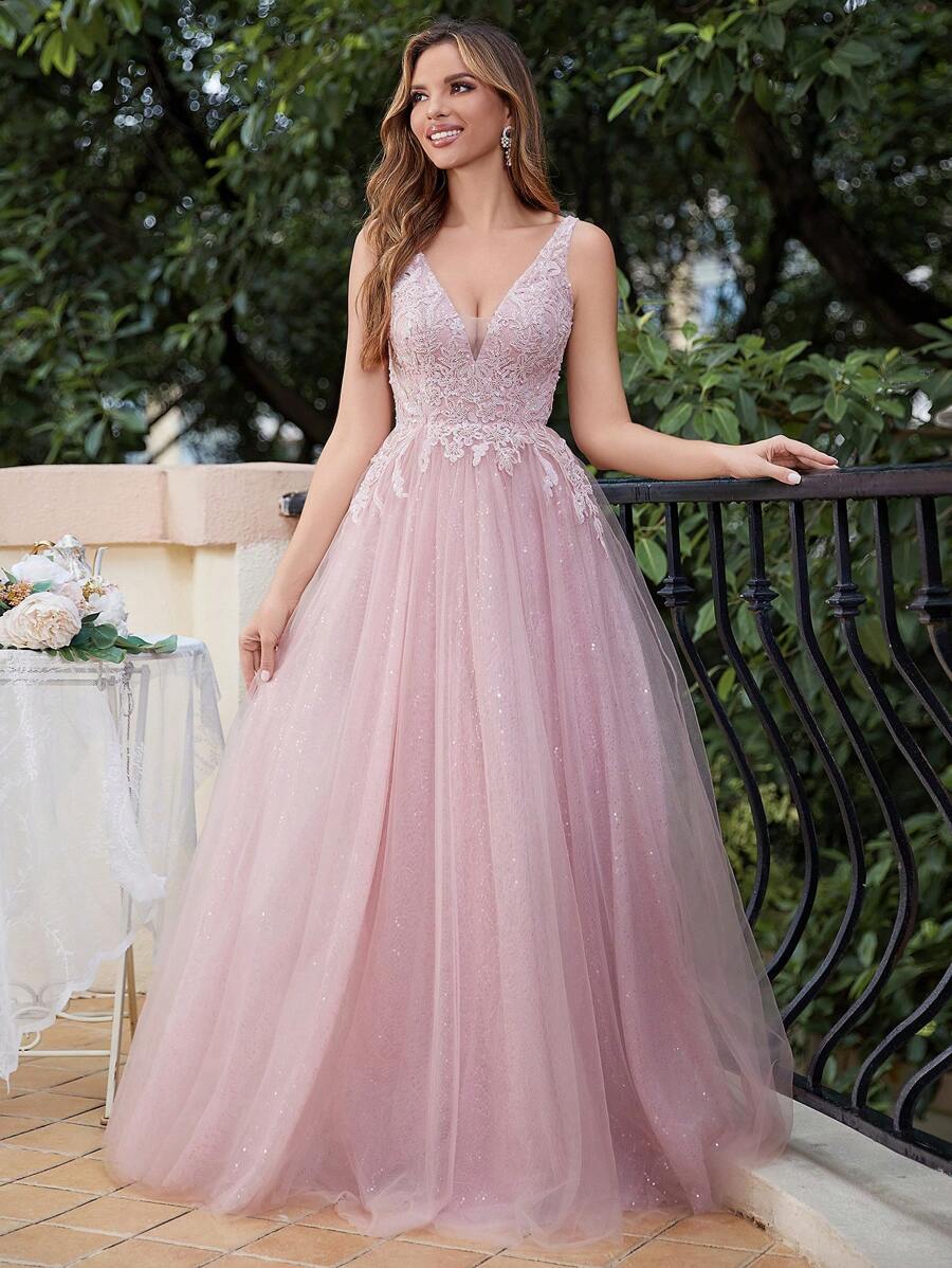 女式闪光亮片刺绣网眼无袖派对礼服手工串珠蕾丝舞会礼服 A 字形系带后背亮片 V 领舞会礼服及地长背心返校节礼服青少年优雅正式晚会婚礼宾客礼服，适合毕业典礼、晚宴