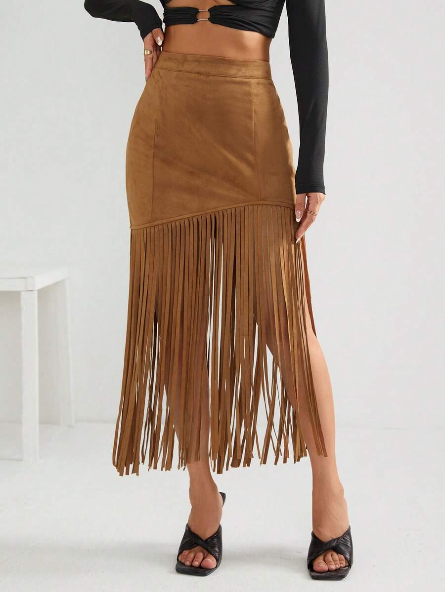 Bohemela Fringe Hem Suedette Skirt - Rust Brown - View 1