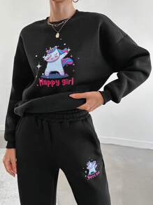 EURMUSE Cartoon & Letter Graphic Drop Shoulder Sweatshirt & Sweatpants - Black - View 4