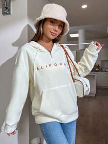 SHEIN Unity Thêu Chữ Túi kangaroo Thả vai Dây rút Hoodie - Màu be - Xem 4