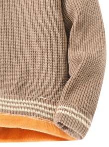Men Striped Trim Drop Shoulder Thermal Lined Sweater - Khaki - View 4