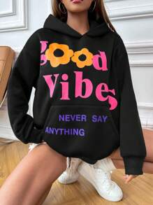 SHEIN Unity Khẩu hiệu & Đồ họa hoa Túi kangaroo Thả vai Hoodie - màu đen - Xem 1