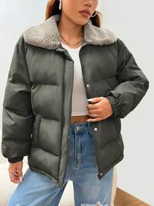 SHEIN EZwear 秋冬款绿色编织绒毛领女款夹棉大衣 - 軍綠色 - 查看 3