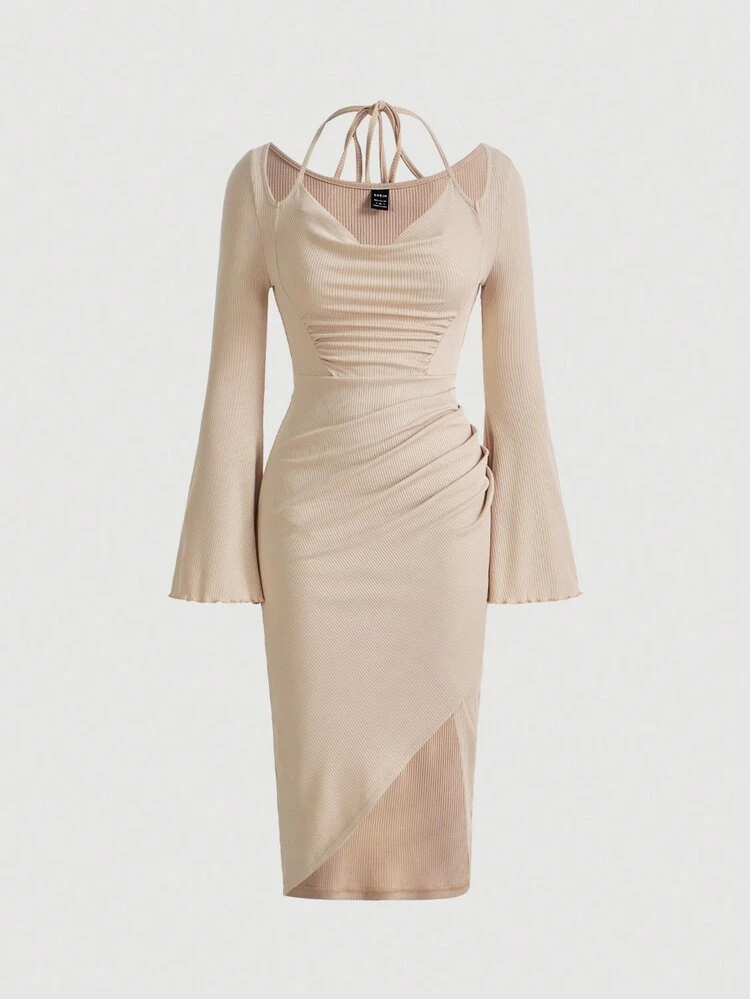 Draped Collar Trumpet Sleeve Ruched Asymmetrical Hem Dress