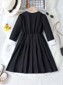 SHEIN Cô Gái Trẻ Tay áo tương phản Viền xếp Đầm - màu đen - Xem 2