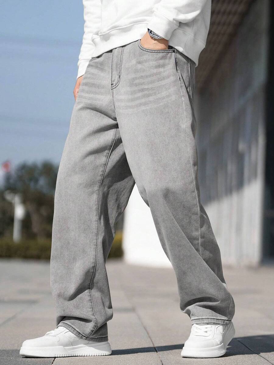 Manfinity EZcore Men Slant Pocket Wide Leg Jeans - Grey - View 1