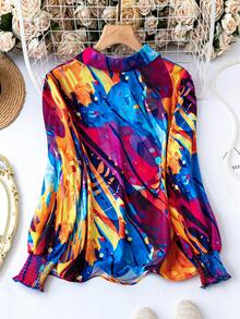SHEIN LUNE Plus Allover Print Lantern Sleeve Blouse - Multicolor - View 2