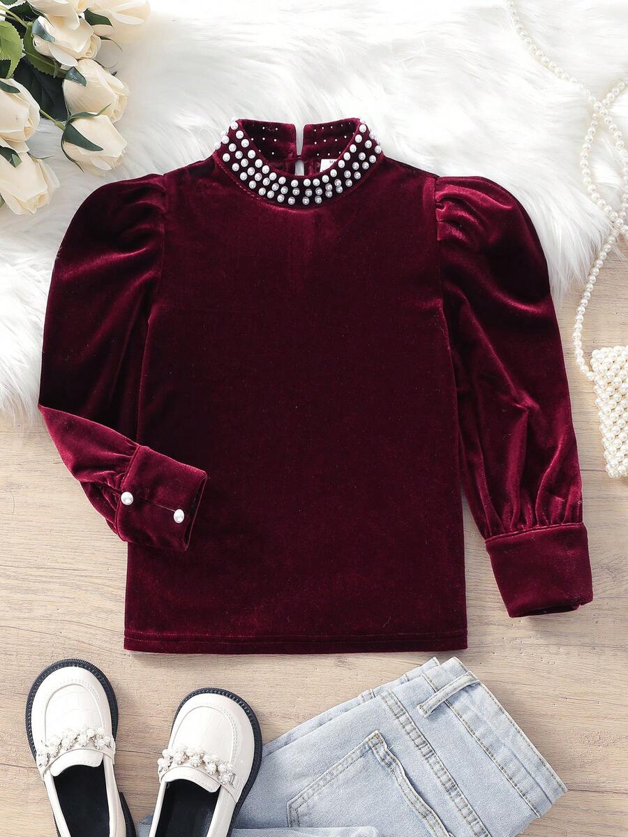 女小童針織素色短毛絨串珠小立領羊腿袖休閒襯衫