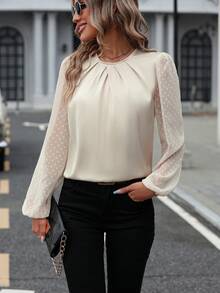 SHEIN Frenchy Swiss Dot Lantern Sleeve Plicated Detail Keyhole Back Blouse - Apricot - View 6