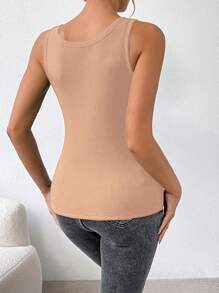 SHEIN Essnce Solid Ribbed Knit Thermal Tank Top - Khaki - View 2